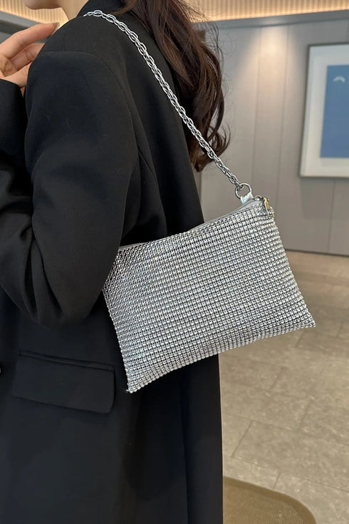 'Aya' Metal Chain Rhinestone Crossbody Bag - Celes Fashion